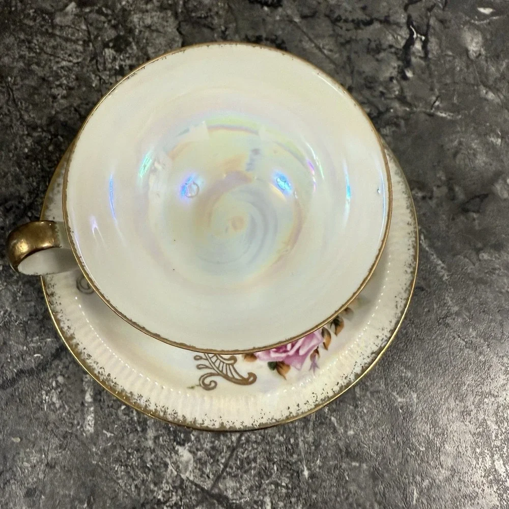 Vintage Inarco Japan Teacup Saucer Roses Gold Trim Lusterware Iridescent Rainbow